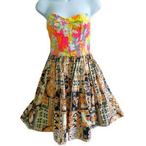 Y2K Tracy Feith Psychedelic Dress Linen Bustier Full Cotton Skirt Pockets 11